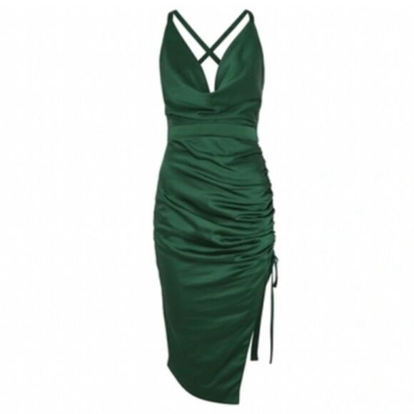 Lavish Alice Emerald Green Satin Cocktail Midi Sexy Dress Ruched Cowel Size 14 - Picture 2 of 9